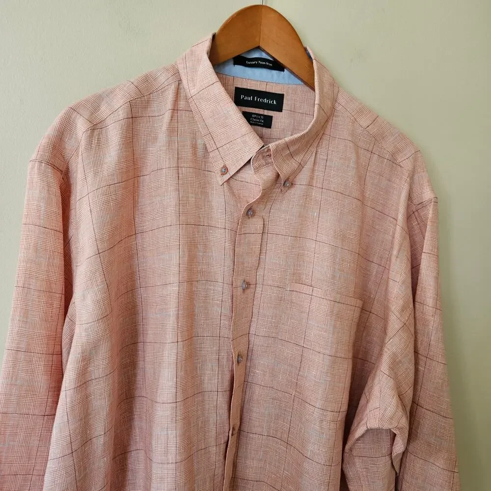 Paul Fredrick Men's Non-Iron Linen Button Down Shirt, Size 18.5/35 Classic Plaid - Picture 2 of 8